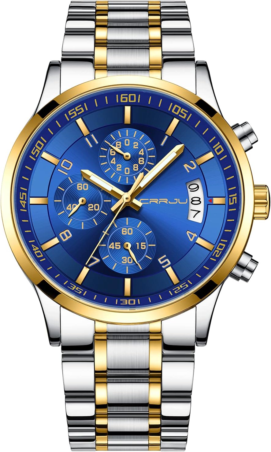 CRRJU Men's Fashion Stainless Steel Watches Date Waterproof Chronograph Wristwatches,Stainsteel Steel Band Waterproof Watch