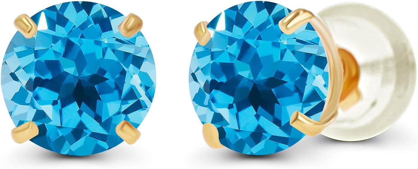 Solid 14K Yellow, White or Rose Gold 4mm Round Genuine Gemstone Birthstone Prong Set Stud Earrings For Women