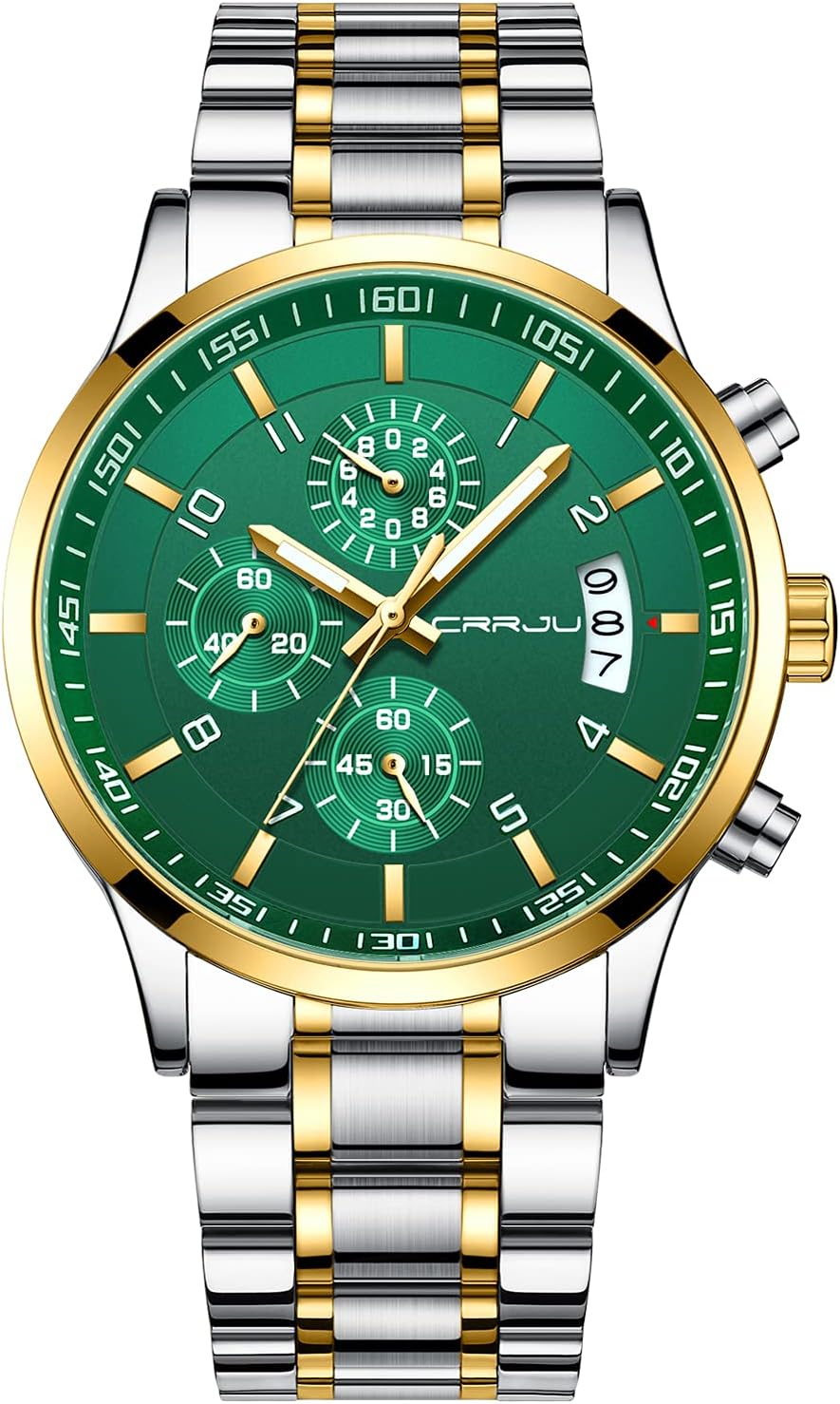 CRRJU Men's Fashion Stainless Steel Watches Date Waterproof Chronograph Wristwatches,Stainsteel Steel Band Waterproof Watch