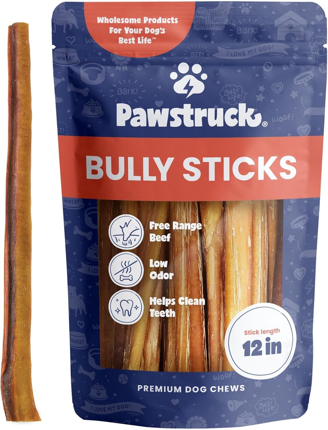 Pawstruck Natural 8–12" Bully Sticks for Dogs – Long-Lasting, Rawhide-Free, Low-Odor, Grain-Free Dental Chew Treat – Single Ingredient, 100% Real Beef – 1 lb Bag – Packaging May Vary