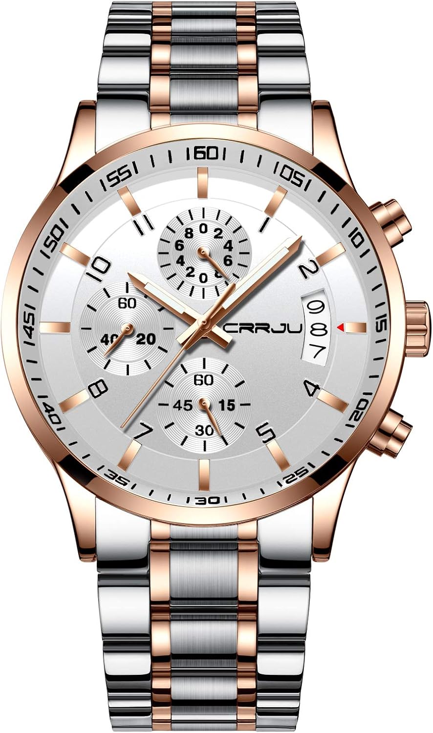 CRRJU Men's Fashion Stainless Steel Watches Date Waterproof Chronograph Wristwatches,Stainsteel Steel Band Waterproof Watch
