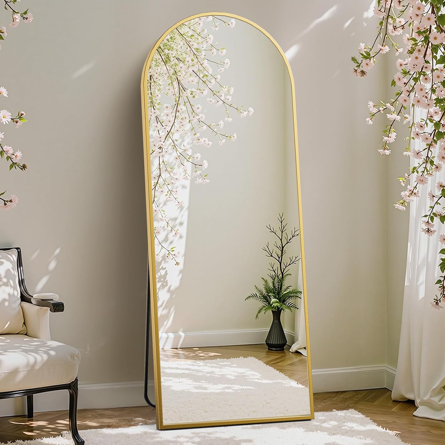 DUMOS Arched Full Length Mirror with Stand 64"x21" Floor Standing Aluminum Frame for Bedroom Body Hanging Leaning Modern Simple Home Decor Shatter-proorf Nano Glass Wall Living Room Cloakroom Black