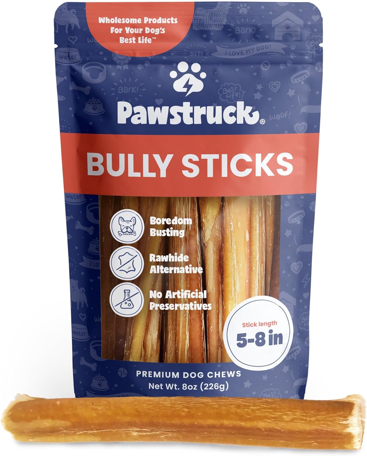 Pawstruck Natural 8–12" Bully Sticks for Dogs – Long-Lasting, Rawhide-Free, Low-Odor, Grain-Free Dental Chew Treat – Single Ingredient, 100% Real Beef – 1 lb Bag – Packaging May Vary
