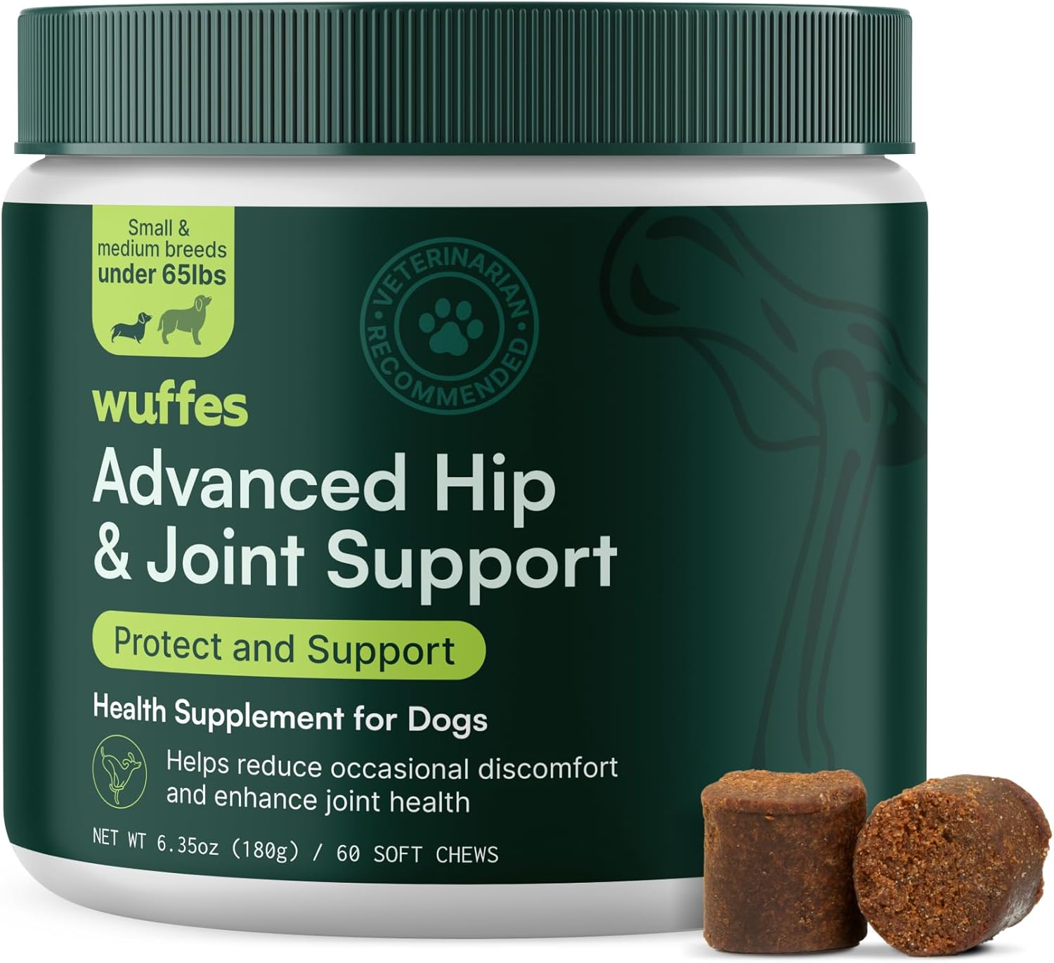 Wuffes Advanced Dog Hip and Joint Supplement with Glucosamine, Chondroitin, Omega 3, MSM, and Green Lipped Mussel, 30 Pork Flavored Chews for Large Dog Breeds