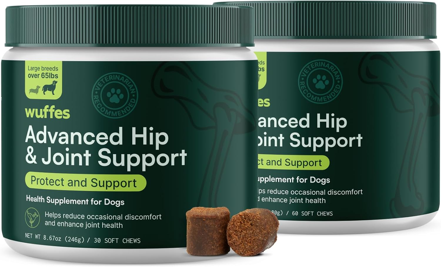 Wuffes Advanced Dog Hip and Joint Supplement with Glucosamine, Chondroitin, Omega 3, MSM, and Green Lipped Mussel, 30 Pork Flavored Chews for Large Dog Breeds