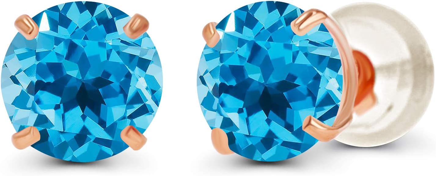 Solid 14K Yellow, White or Rose Gold 4mm Round Genuine Gemstone Birthstone Prong Set Stud Earrings For Women