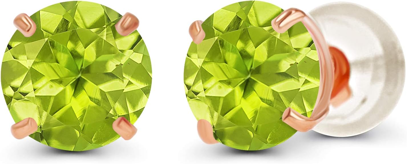 Solid 14K Yellow, White or Rose Gold 4mm Round Genuine Gemstone Birthstone Prong Set Stud Earrings For Women