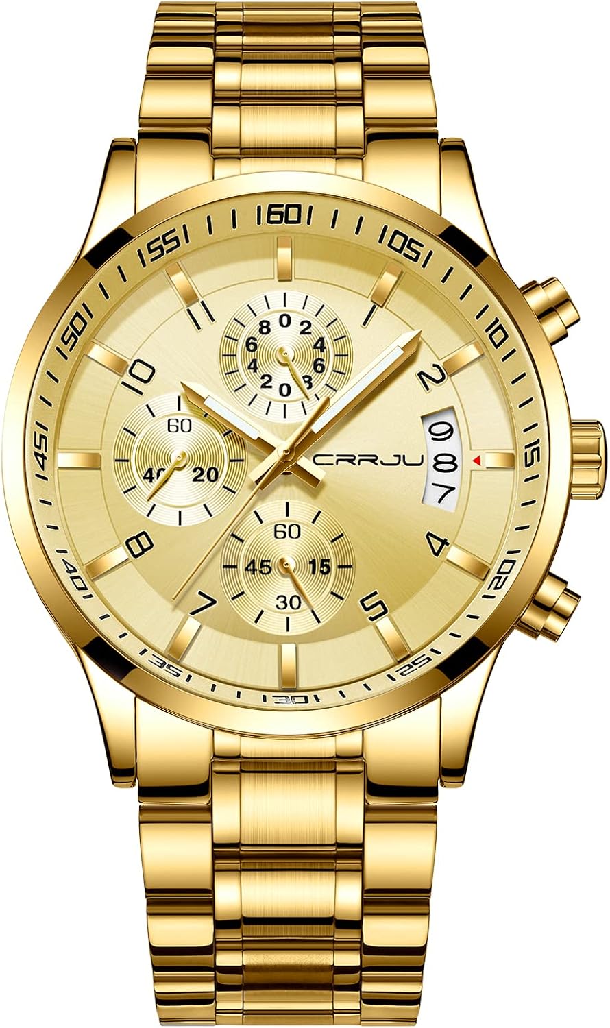 CRRJU Men's Fashion Stainless Steel Watches Date Waterproof Chronograph Wristwatches,Stainsteel Steel Band Waterproof Watch