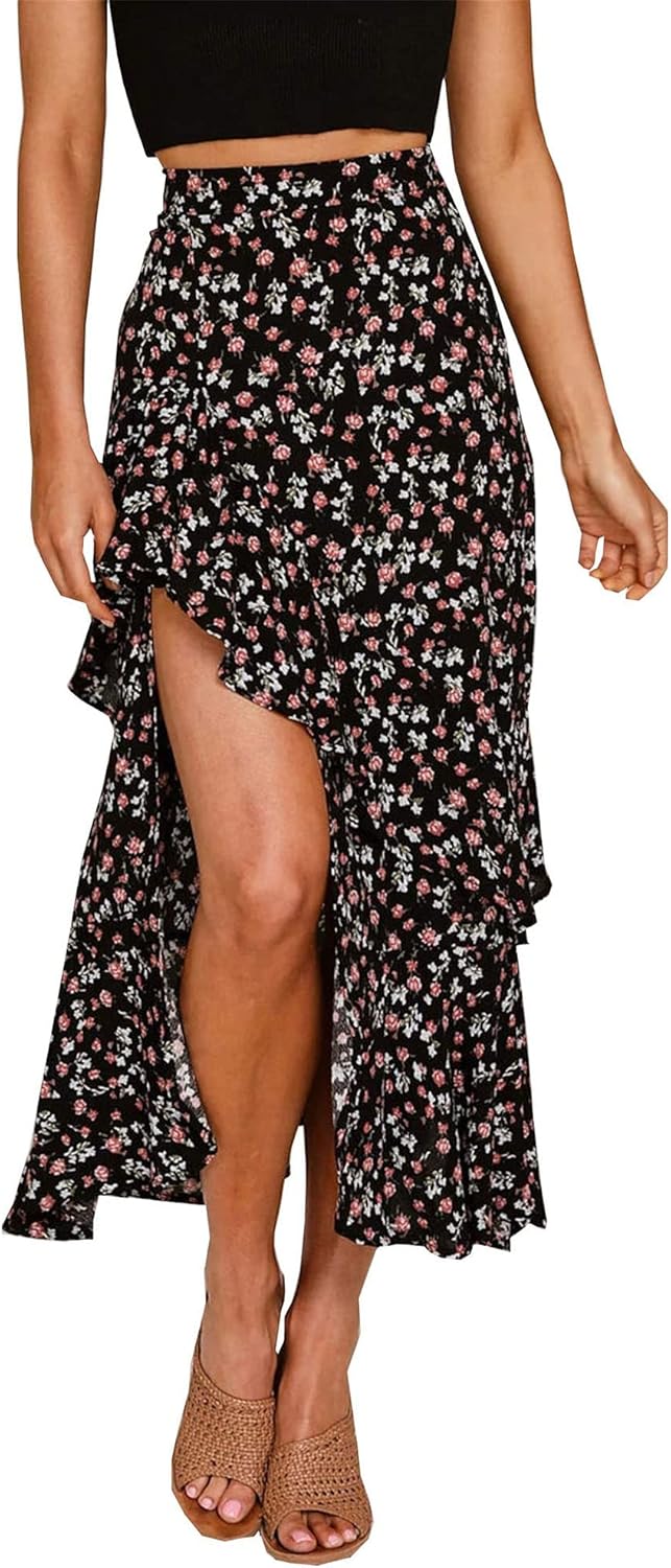 BTFBM Women 2025 Summer Fall Boho Long Skirts Dress Floral Print Elastic Waist Split Ruffle High Low Beach Maxi Skirt