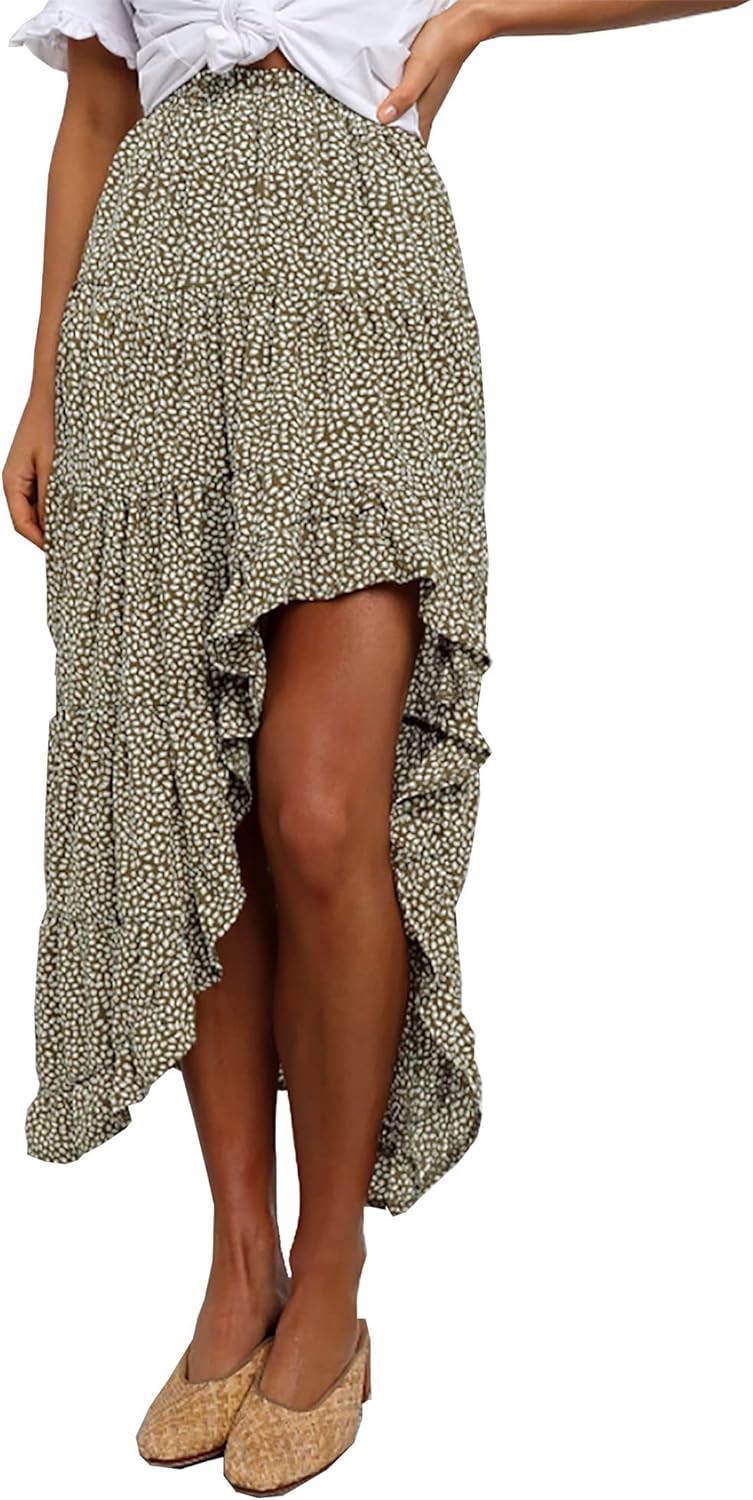 BTFBM Women 2025 Summer Fall Boho Long Skirts Dress Floral Print Elastic Waist Split Ruffle High Low Beach Maxi Skirt