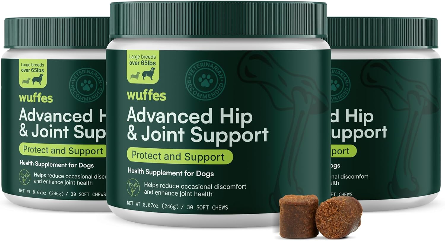 Wuffes Advanced Dog Hip and Joint Supplement with Glucosamine, Chondroitin, Omega 3, MSM, and Green Lipped Mussel, 30 Pork Flavored Chews for Large Dog Breeds