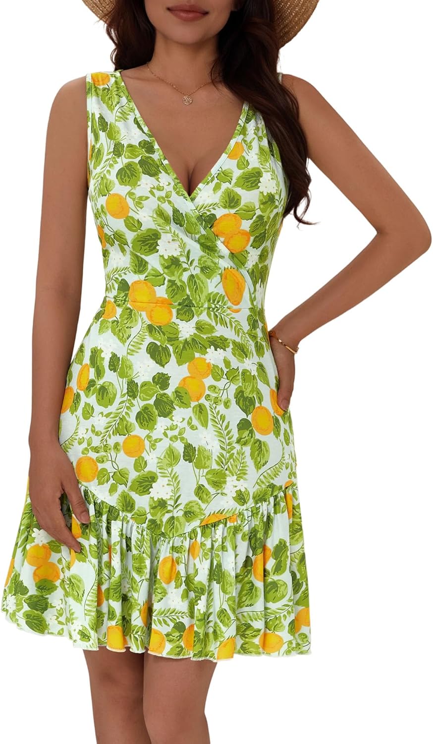 FENSACE Women's Summer Sleeveless Sexy Wrap V Neck Floral Sundress Mini Dress