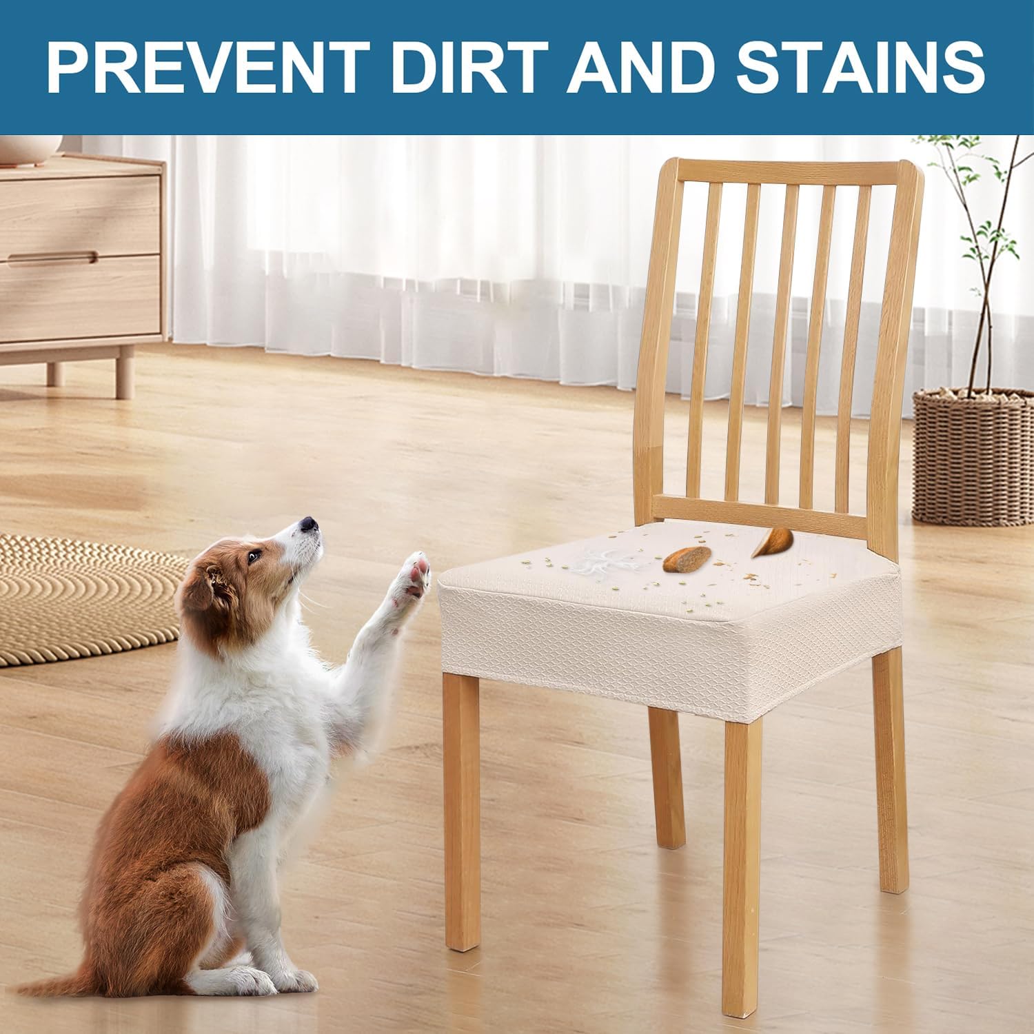 Smiry Waterproof Seat Covers for Dining Room Chairs Set of 6, Stretch Jacquard Removable Washable Chair Seat Slipcovers Protector, No Rear Covers, Beige