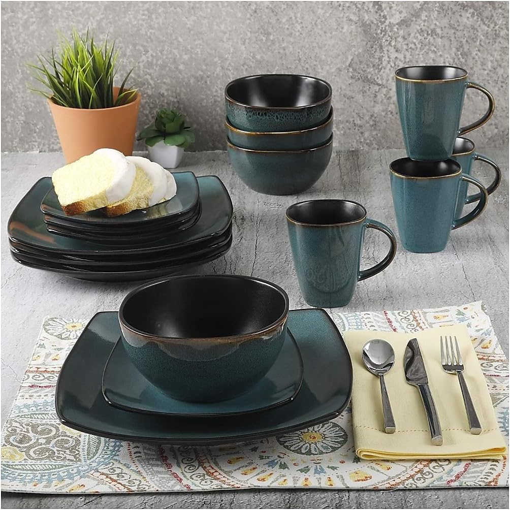Gibson Elite Soho Lounge 16 Piece Reactive Glaze Dinnerware Set, Soft Square, Teal Green, Service for 4 (16pc)