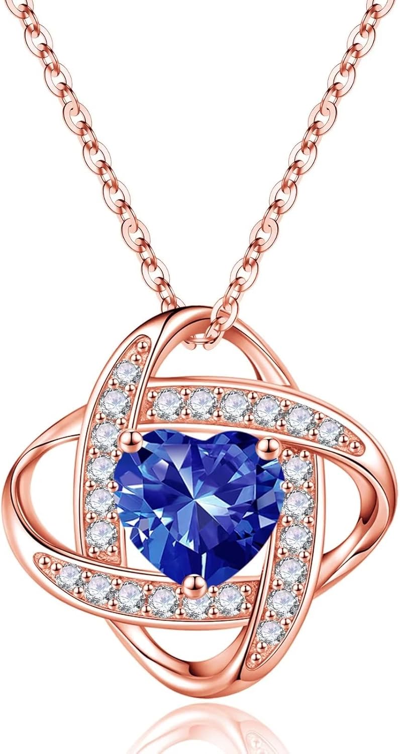Iefil 925 Sterling Silver Love Knot Birthstone Necklace, Natural or Created Gemstone, Anniversary Birthday Gifts for Women, Jewelry Gifts for Wife Mom Girlfriend