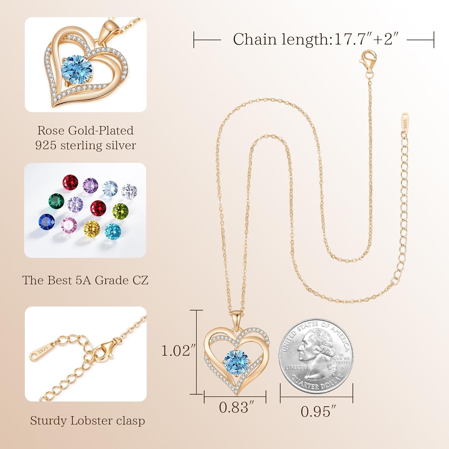 LOUISA SECRET Love Heart Birthstone Necklaces for Women, Birthday Gift for Women, Anniversary Jewelry for Wife Her, 925 Sterling Silver Pendant Necklace, Mother's Day Gift