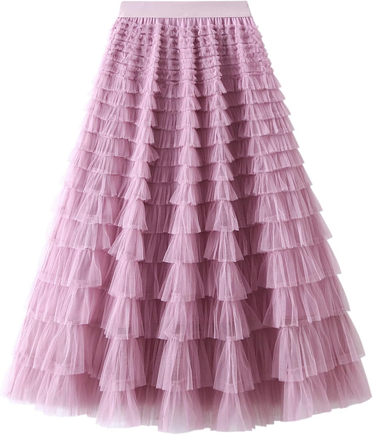 Dirholl Women's A-Line Fairy Patterned Elastic Waist Ruffle Mesh Layered Midi Skirt