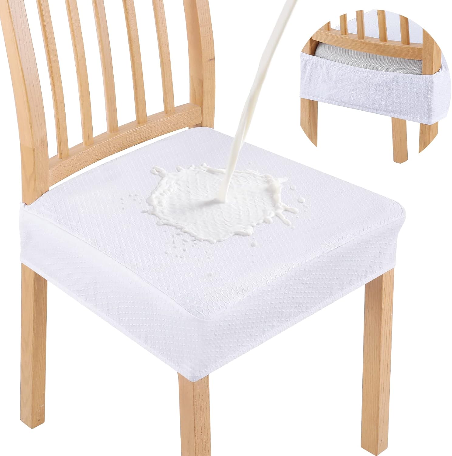 Smiry Waterproof Seat Covers for Dining Room Chairs Set of 6, Stretch Jacquard Removable Washable Chair Seat Slipcovers Protector, No Rear Covers, Beige
