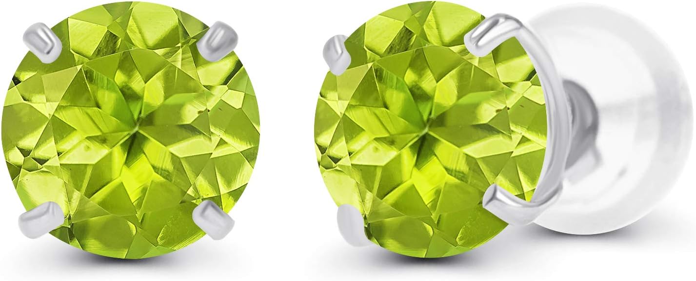 Solid 14K Yellow, White or Rose Gold 4mm Round Genuine Gemstone Birthstone Prong Set Stud Earrings For Women