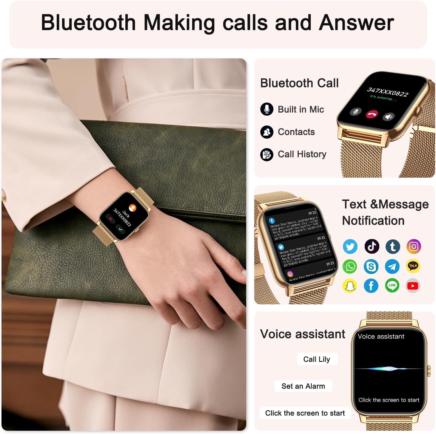 Smart Watch for Women Fitness Tracker: Gold Smart Watches for Women Digital Mens watches Make/Answer Call Waterproof Running Smartwatch Android Phone iPhone Samsung Compatible Heart Rate Monitor