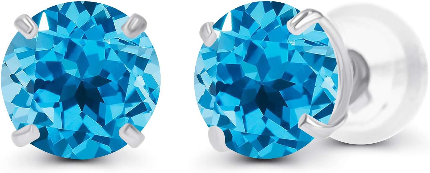 Solid 14K Yellow, White or Rose Gold 4mm Round Genuine Gemstone Birthstone Prong Set Stud Earrings For Women