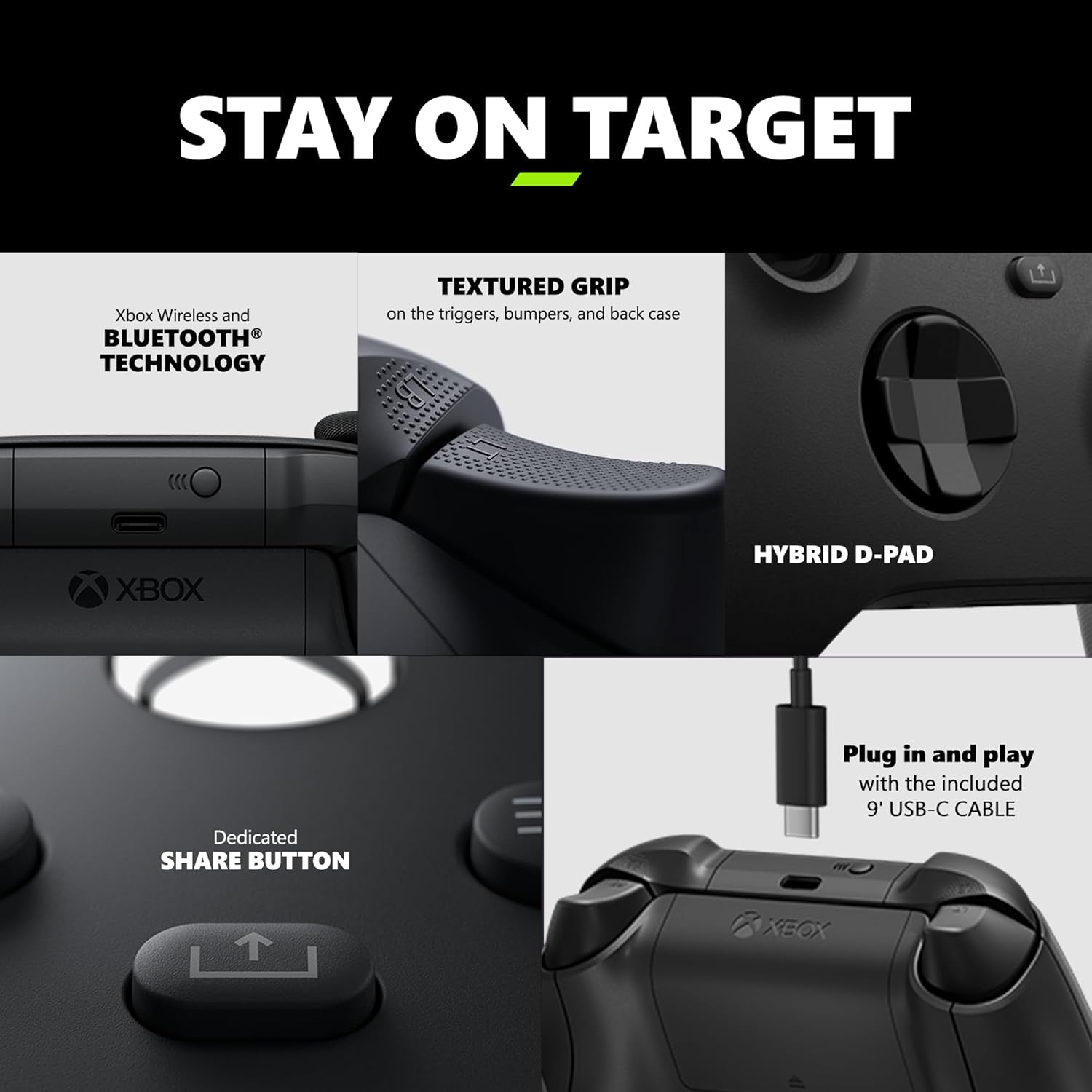 Xbox Core Wireless Gaming Controller + USB-C® Cable – Carbon Black Series X|S, One, Windows PC, Android, and iOS