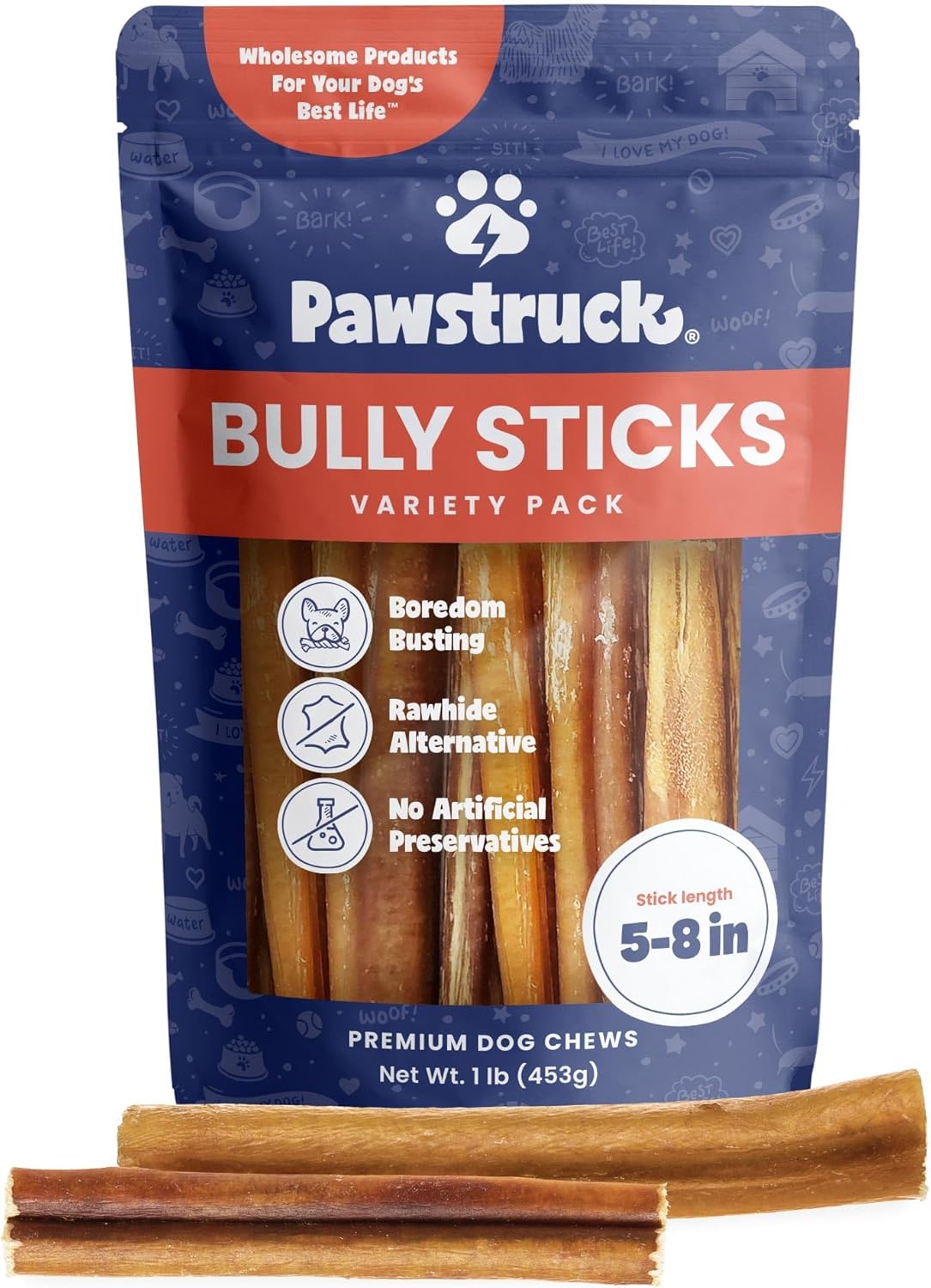 Pawstruck Natural 8–12" Bully Sticks for Dogs – Long-Lasting, Rawhide-Free, Low-Odor, Grain-Free Dental Chew Treat – Single Ingredient, 100% Real Beef – 1 lb Bag – Packaging May Vary