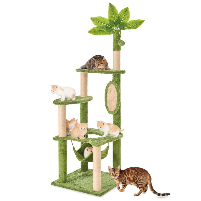 WeCharmer Cat Tree / Tower for Indoor with Green Leaves, Cat Condo Cozy Plush House with Hang Ball, Pet Furniture with Scratching Posts cat tree