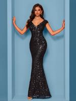 Women's Sequins Mermaid Evening Dress, Elegant V Neck Cap Sleeve Evening Party Gown, Ladies Clothes for Prom Cocktail Banquet Wedding Guest, Formal Wear