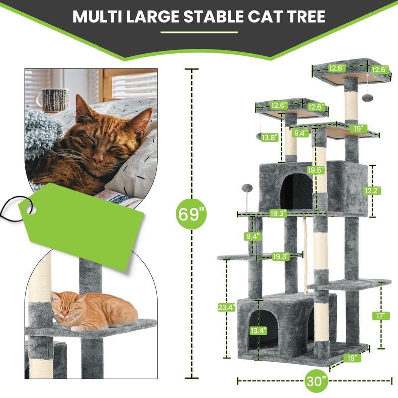 WeCharmer Cat Tree / Tower for Indoor with Green Leaves, Cat Condo Cozy Plush House with Hang Ball, Pet Furniture with Scratching Posts cat tree