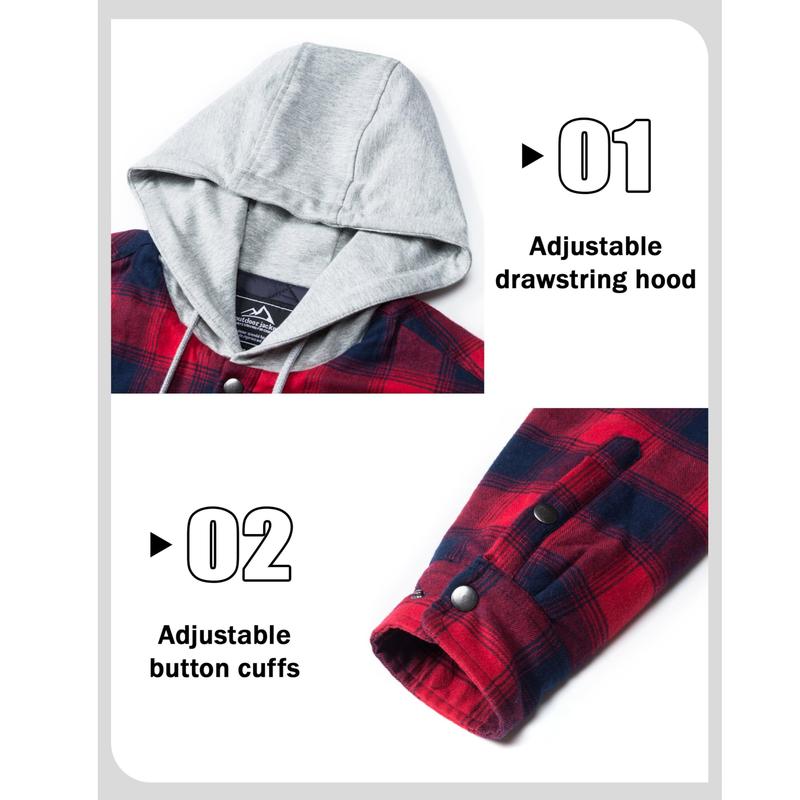 MAGCOMSEN Men's Flannel Shirt Jacket with Hood Quilted Lined Long Sleeve Plaid Hooded Jacket Button Down Spring Winter Warm Coat
