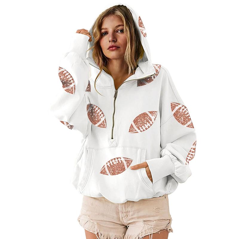 Ommig Womens Game Day Sweatshirts Football Sequin Hoodies Tailgate Outfits Long Sleeve Zipper Sweaters with Pocket