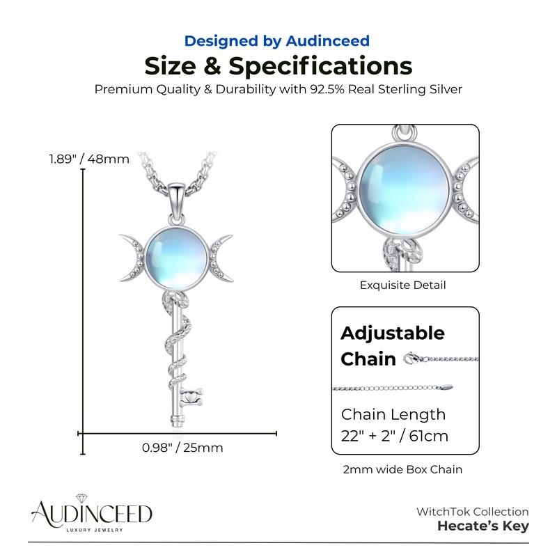 Audinceed Hecate's Key S925 Sterling Silver Moonstone Necklace, Witchtok Collection, Hekate Triple Moon Goddess Pagan Wiccan Magic Silver Necklace Pendant Protection Blessed Amulet Jewelry Gift for Women Men