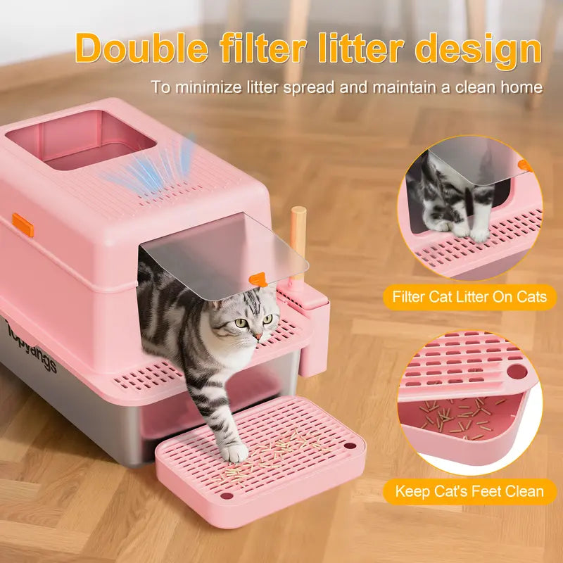 Stainless Steel cat Litter box with Lid, Extra Large Litter box XL, High Side Enclosed Litter box for Cats and Big Cats, Leak Proof Easy to Clean box toilet