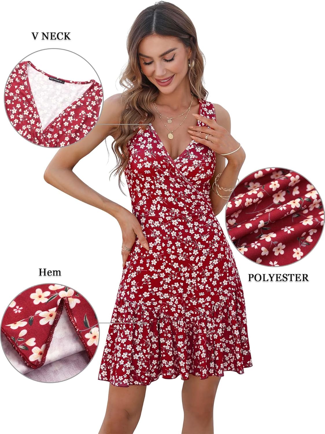 FENSACE Women's Summer Sleeveless Sexy Wrap V Neck Floral Sundress Mini Dress