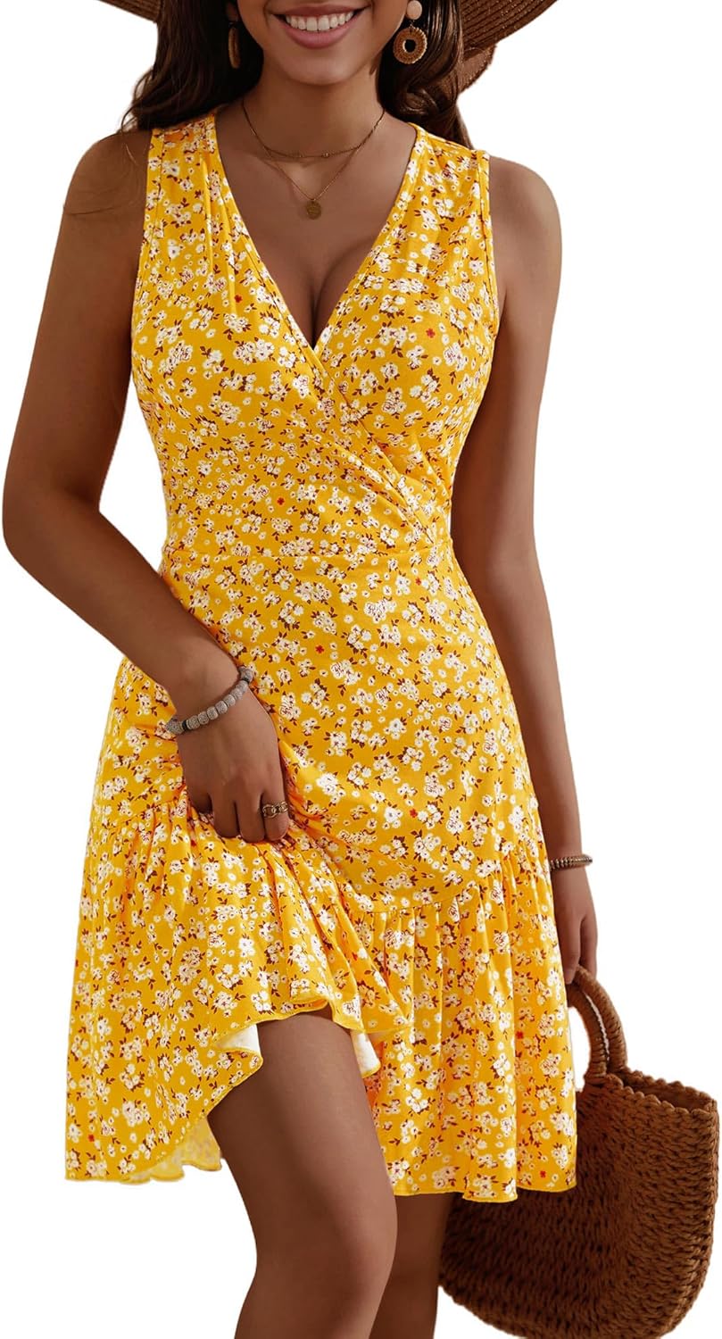 FENSACE Women's Summer Sleeveless Sexy Wrap V Neck Floral Sundress Mini Dress