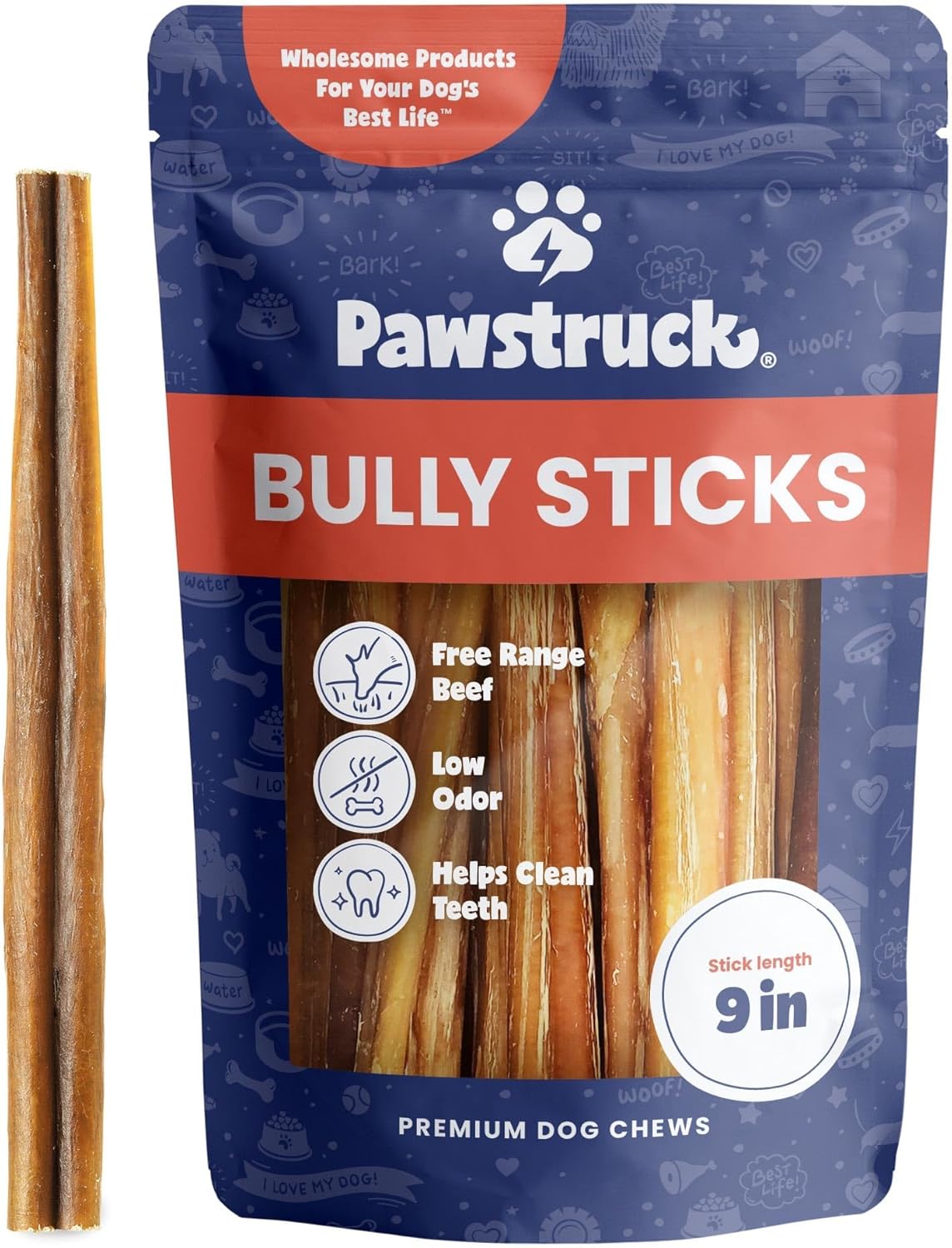 Pawstruck Natural 8–12" Bully Sticks for Dogs – Long-Lasting, Rawhide-Free, Low-Odor, Grain-Free Dental Chew Treat – Single Ingredient, 100% Real Beef – 1 lb Bag – Packaging May Vary