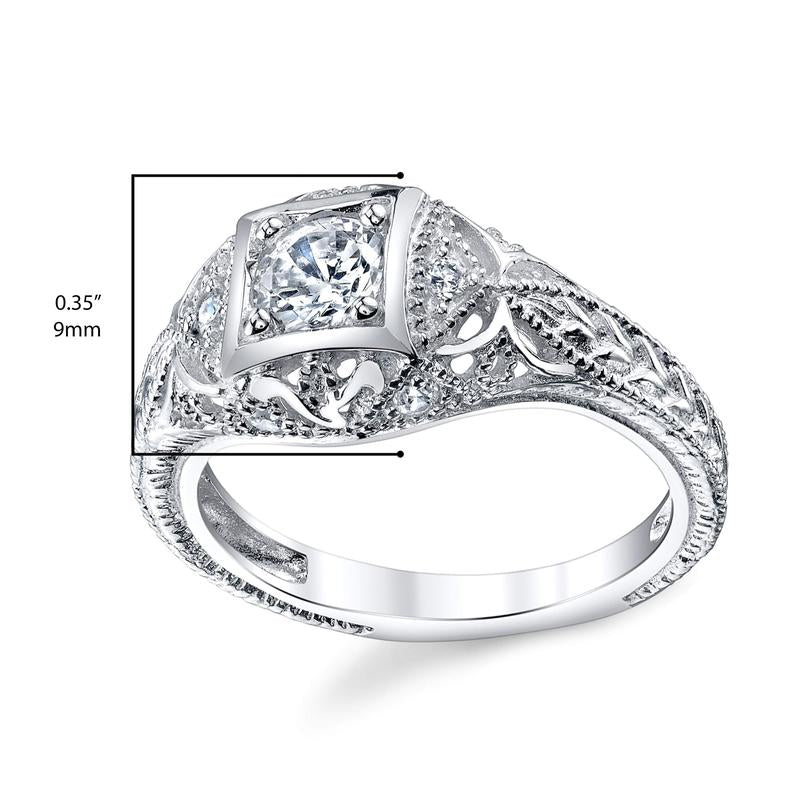 Women's Carved Sterling Silver Vintage Cubic Zirconia BridalEngagement Ring Sizes 5-9