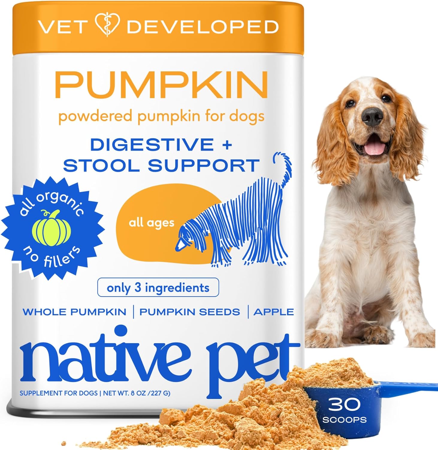 Native Pet Pumpkin for Dogs - Organic Powder Pumpkin Puree Dog Food Toppers-Rich in Fiber Supplement Powder Helps with Digestion, Nutrient Absorption, Diarrhea, Constipation & Upset Stomach-120 Scoops