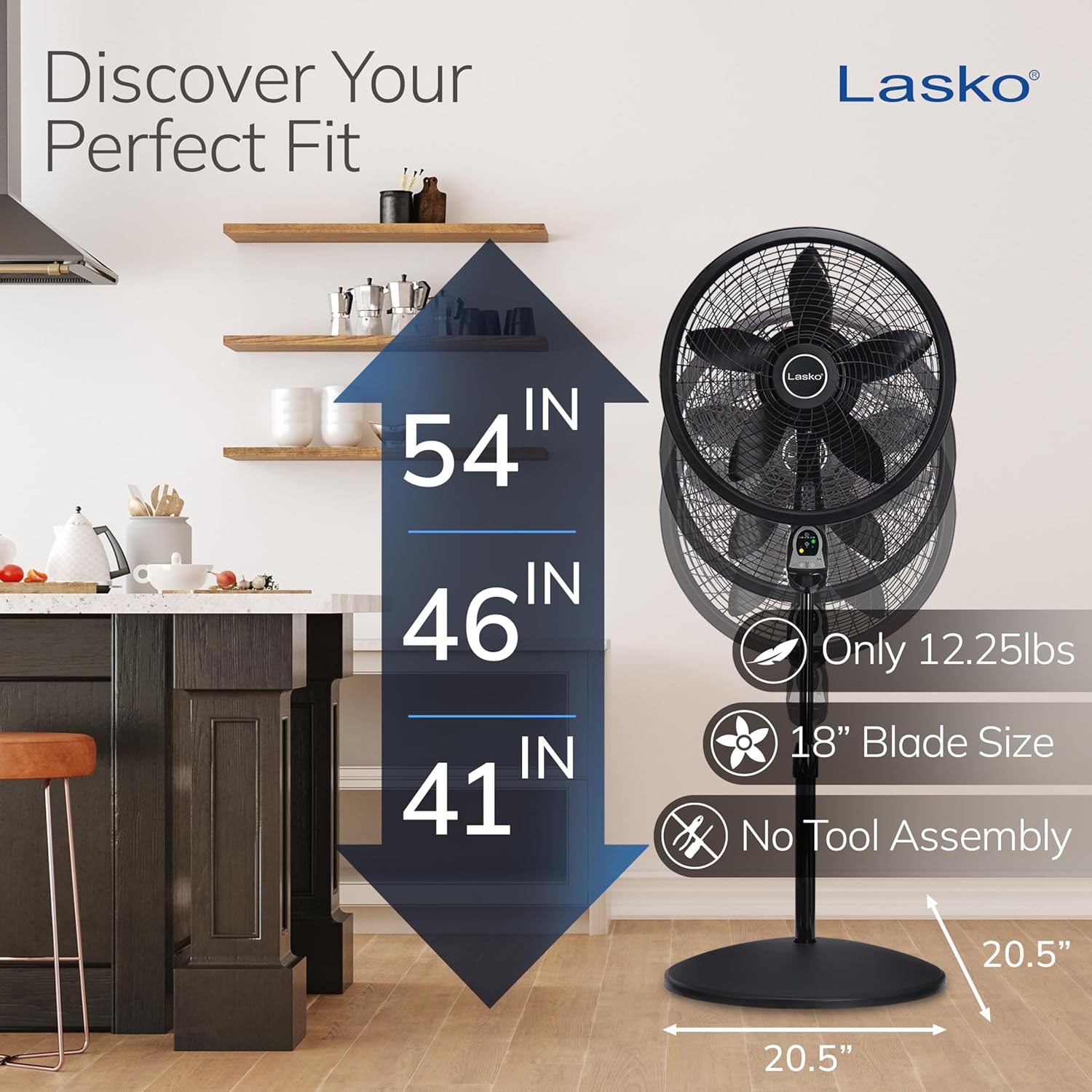 Lasko Oscillating Cyclone Pedestal Fan, Adjustable Height, Timer, Remote Control, 3 Speeds, for Bedroom, Living Room, Home Office, 18", Black, 1843