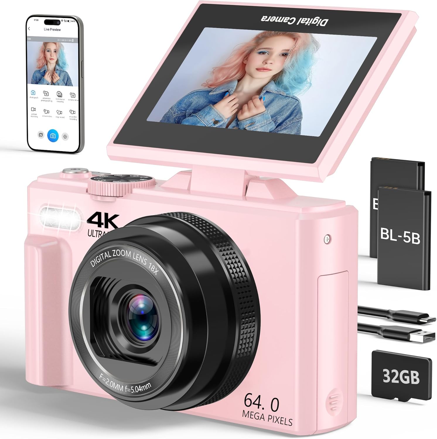 4K Digital Camera for Photography, 64MP Vlogging Camera for YouTube with 3" 180° Flip Screen, 18X Digital Zoom Point and Shoot Camara with 32GB Micro SD Card for Beginner (Black)