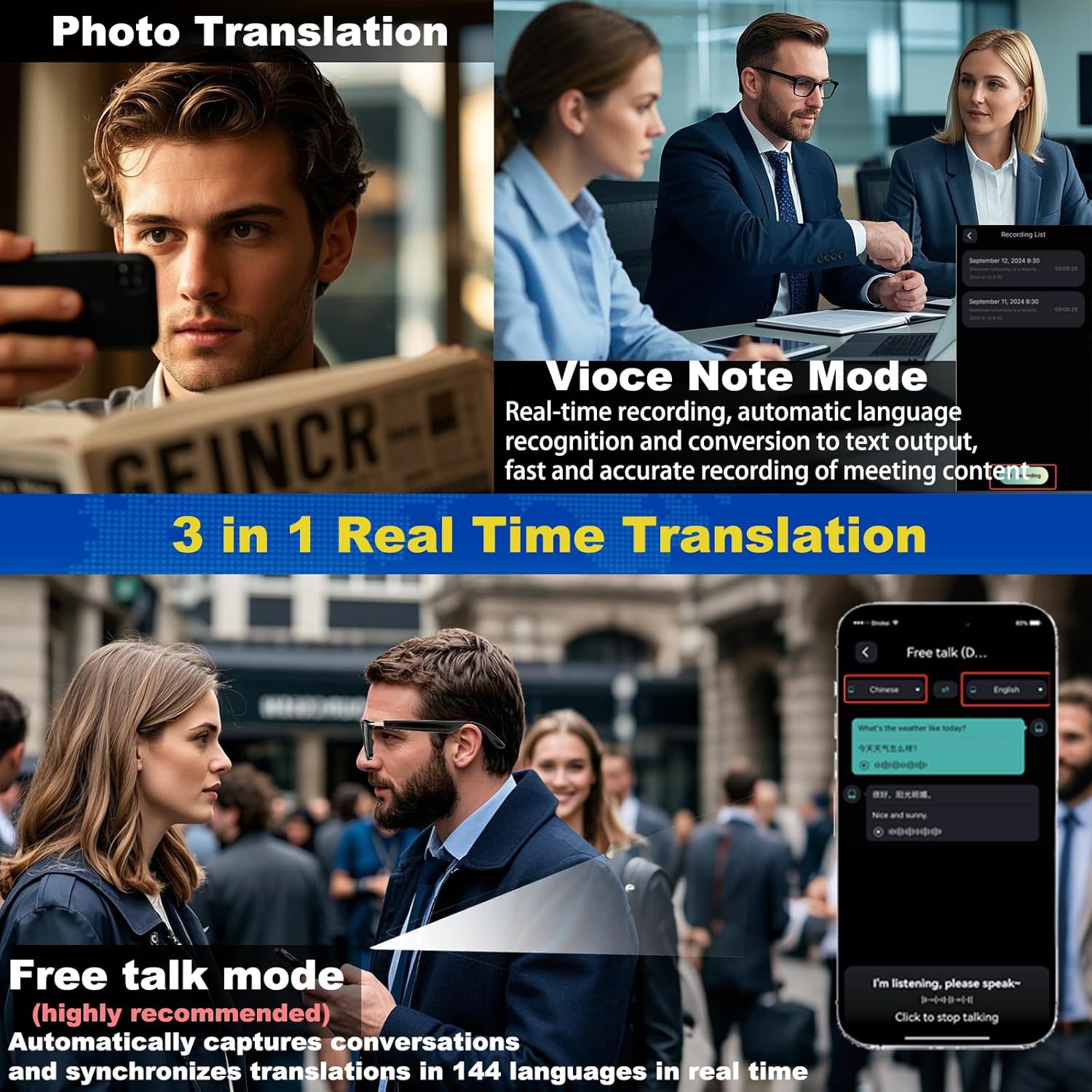 Ai Translation Smart Glasses with Chat GPT Bluetooth for Men Women with 140 Language Color-Change Lens Clear Headphone with Speaker Sunglasses,Travel Meeting Trade Business