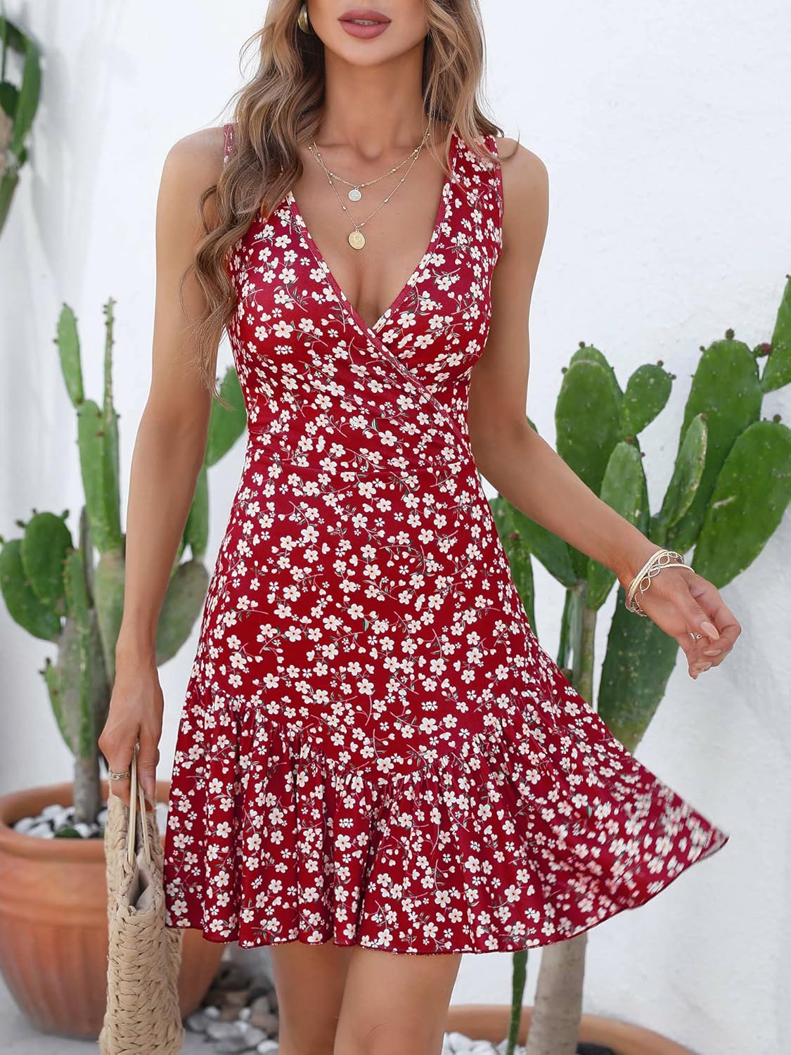 FENSACE Women's Summer Sleeveless Sexy Wrap V Neck Floral Sundress Mini Dress