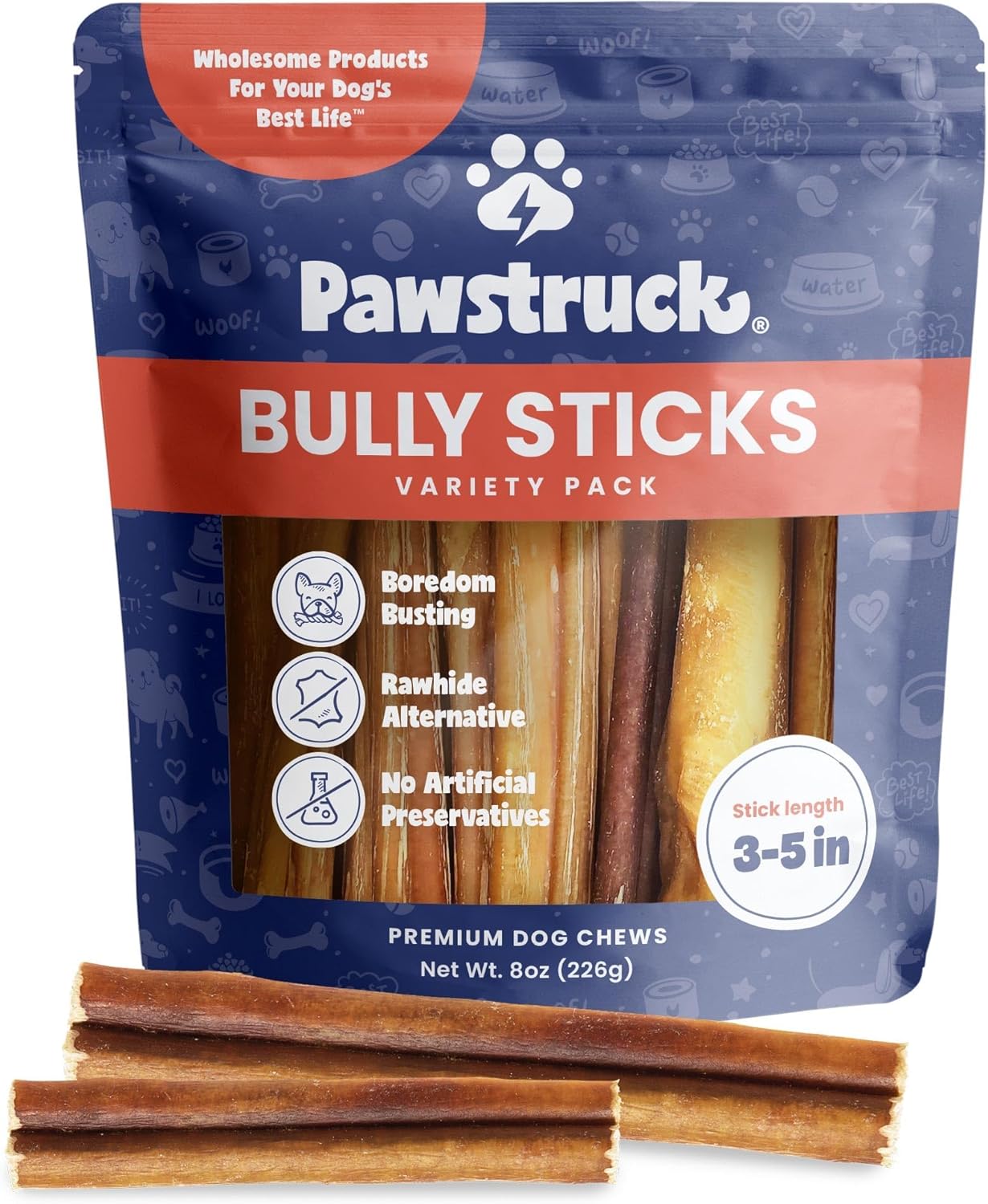 Pawstruck Natural 8–12" Bully Sticks for Dogs – Long-Lasting, Rawhide-Free, Low-Odor, Grain-Free Dental Chew Treat – Single Ingredient, 100% Real Beef – 1 lb Bag – Packaging May Vary
