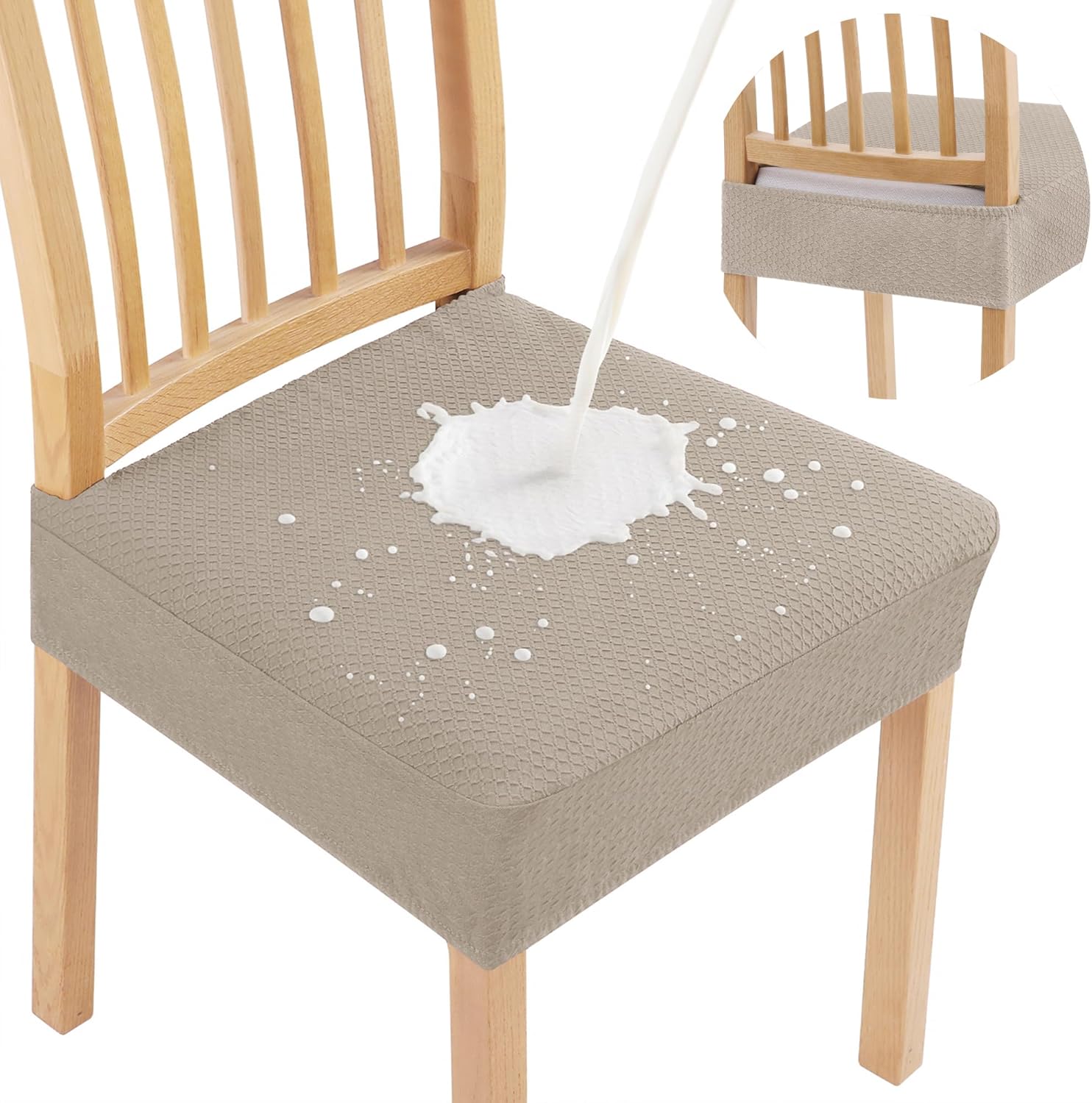 Smiry Waterproof Seat Covers for Dining Room Chairs Set of 6, Stretch Jacquard Removable Washable Chair Seat Slipcovers Protector, No Rear Covers, Beige