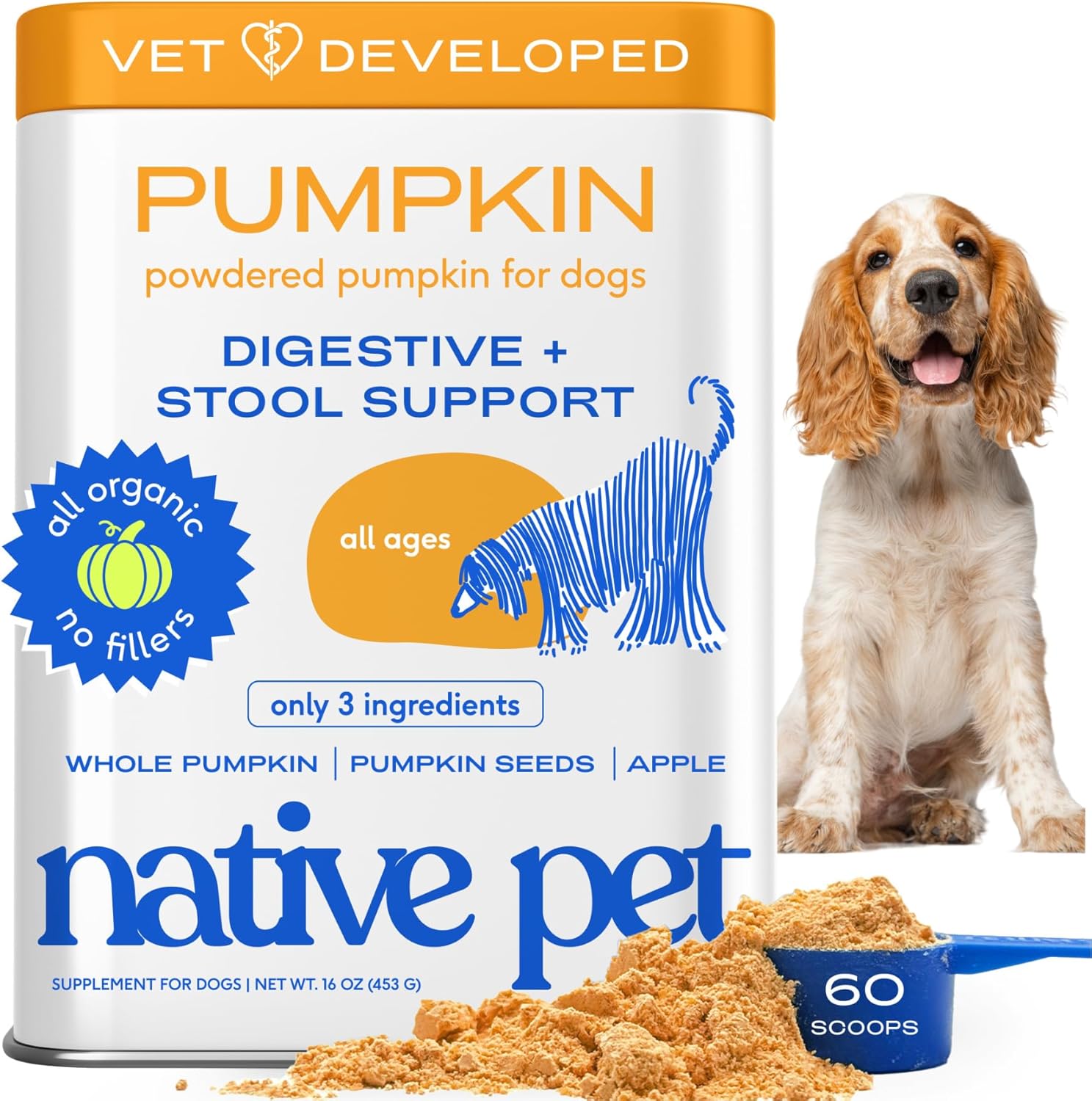 Native Pet Pumpkin for Dogs - Organic Powder Pumpkin Puree Dog Food Toppers-Rich in Fiber Supplement Powder Helps with Digestion, Nutrient Absorption, Diarrhea, Constipation & Upset Stomach-120 Scoops