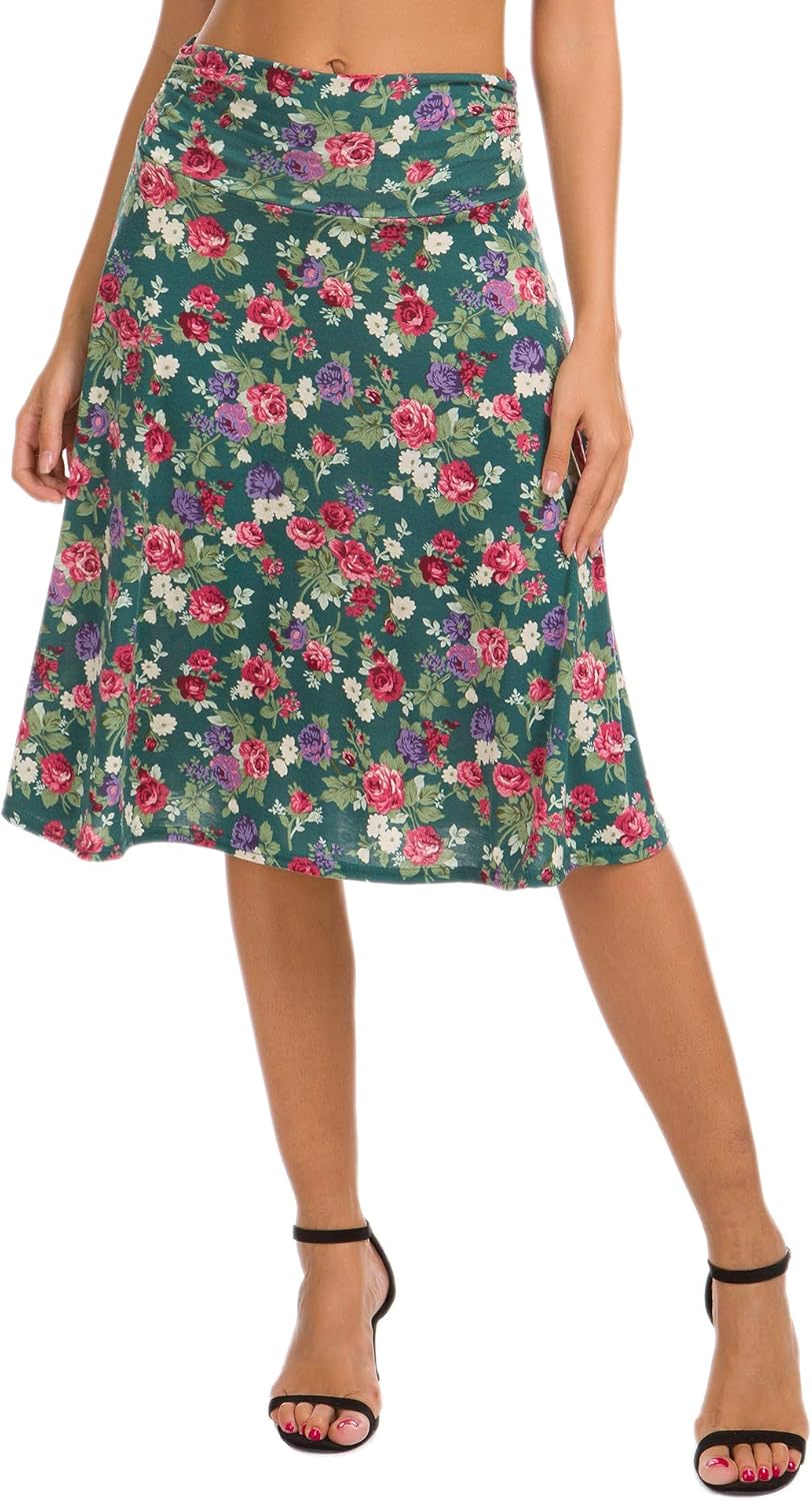 Urban CoCo Women's Ruched High Waist Knee Length Jersey A-Line Stretchy Flared Casual Skirt