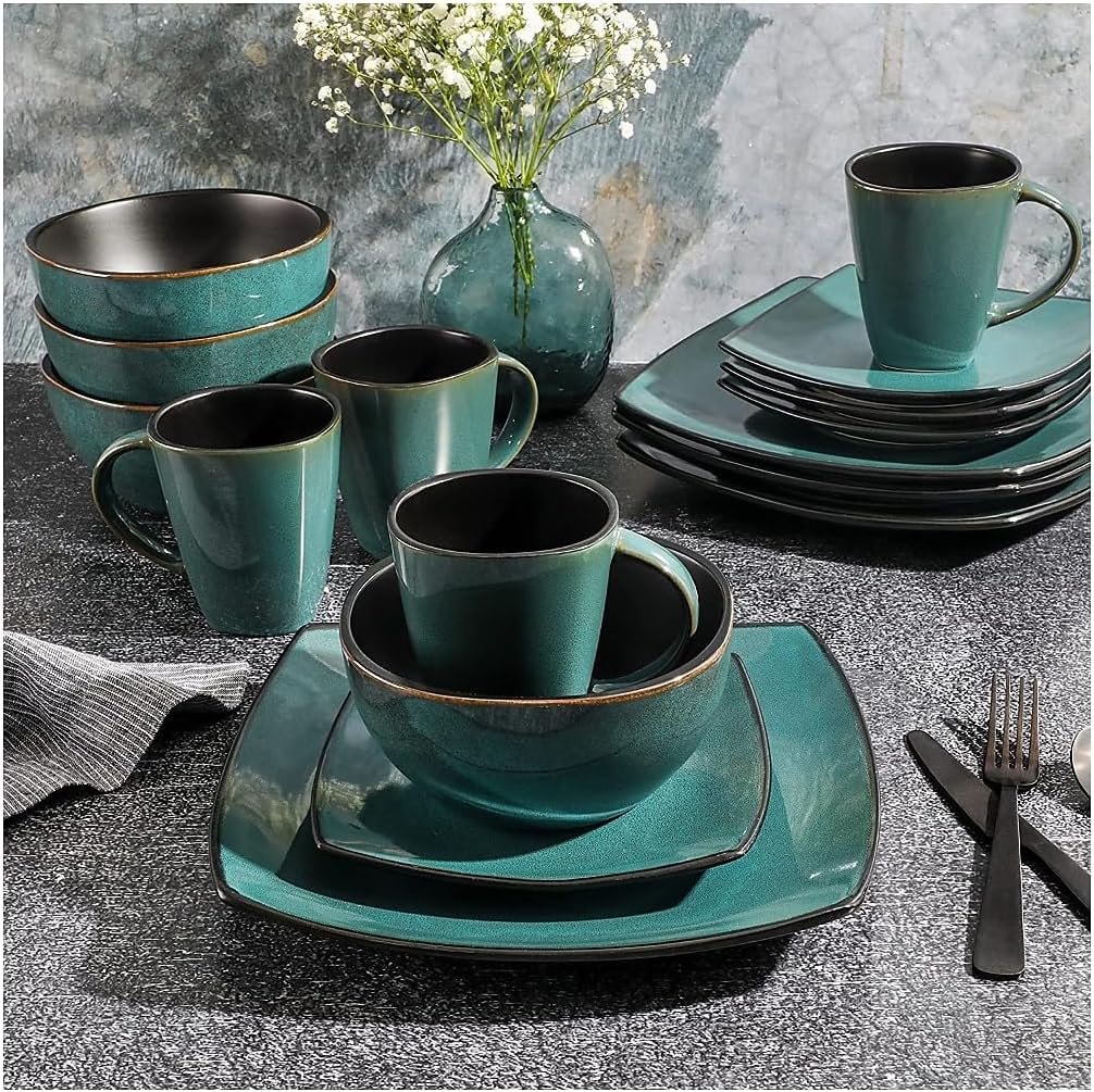 Gibson Elite Soho Lounge 16 Piece Reactive Glaze Dinnerware Set, Soft Square, Teal Green, Service for 4 (16pc)