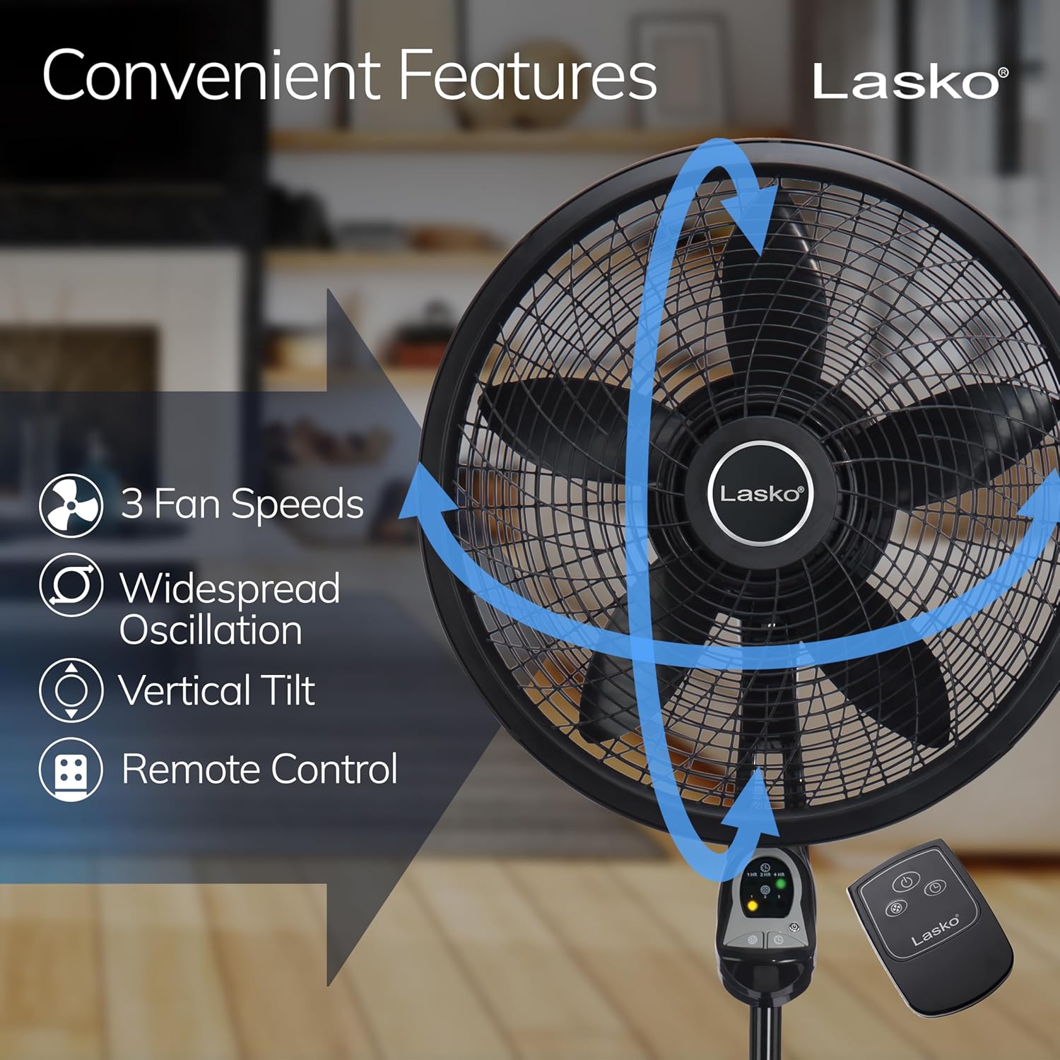 Lasko Oscillating Cyclone Pedestal Fan, Adjustable Height, Timer, Remote Control, 3 Speeds, for Bedroom, Living Room, Home Office, 18", Black, 1843