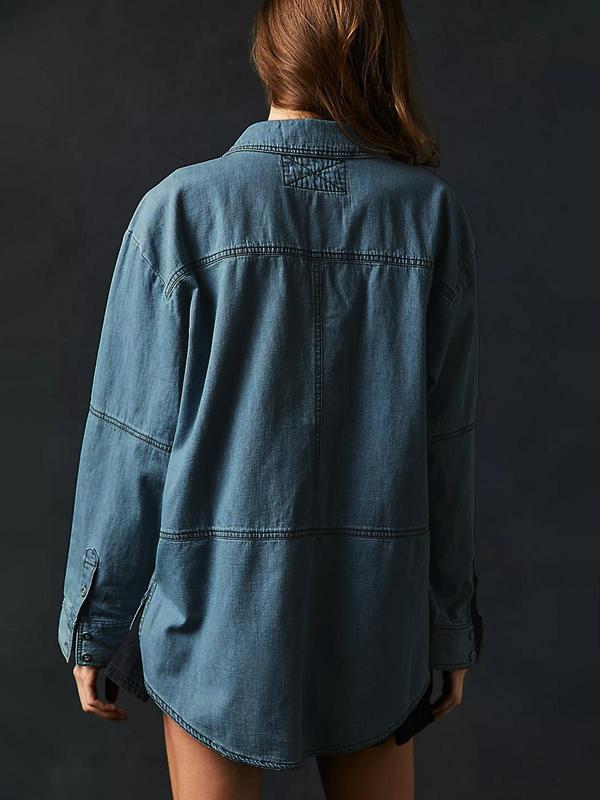 Tankaneo Women's Denim Pullover Casual Notch V Neck Blouse Loose Fit Long Sleeve Jean Jacket with Pocket